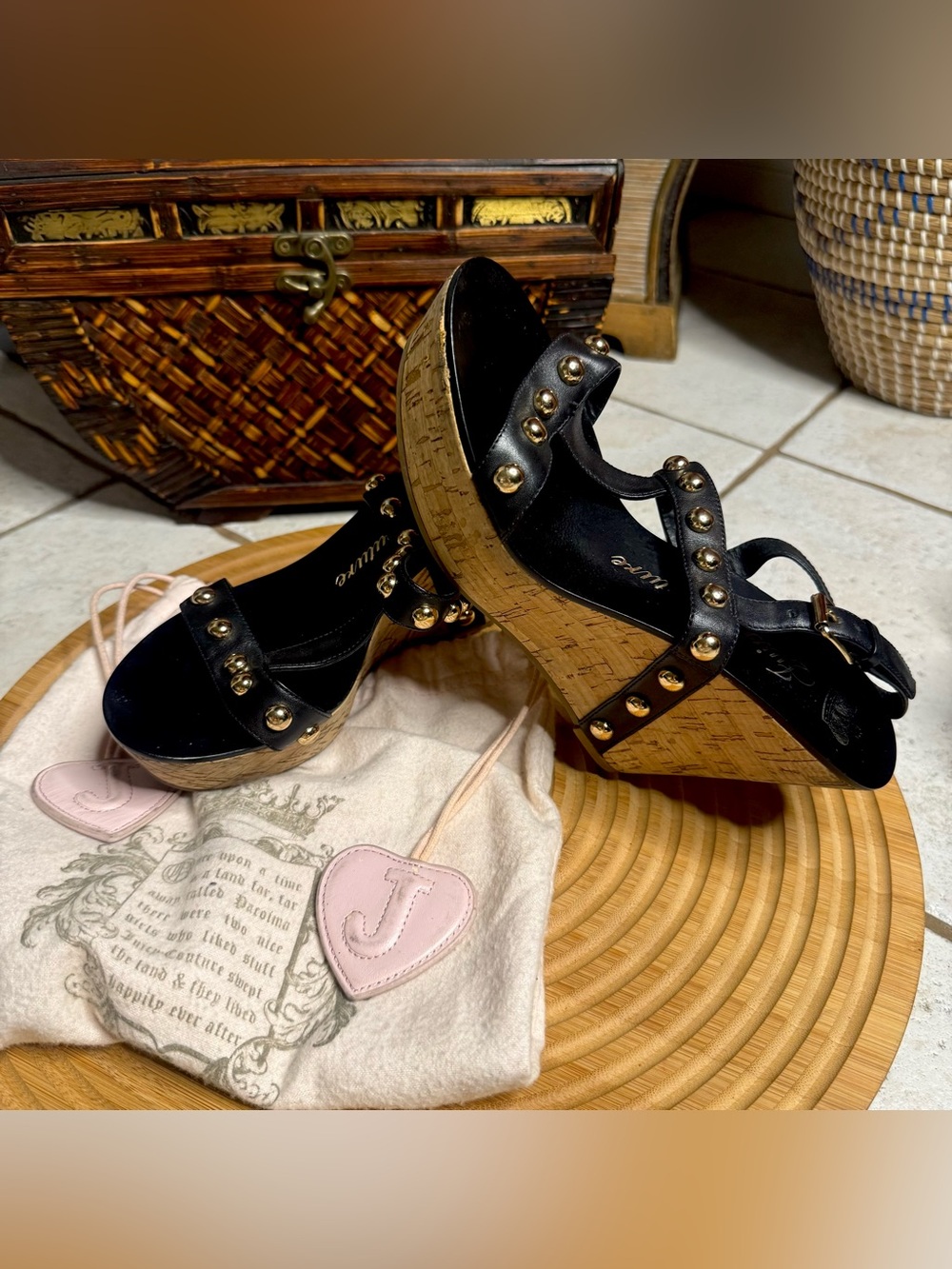Juicy Couture KIPPER Studded Black Leather Cork Wedge Sandals Platforms Size 7 M